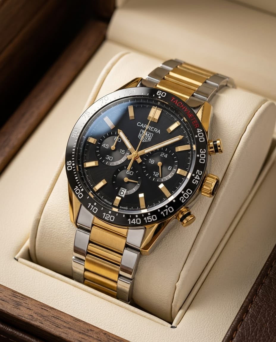 Tag Heuer Carrera Calibre 02 Gold With Black Dail Two tone