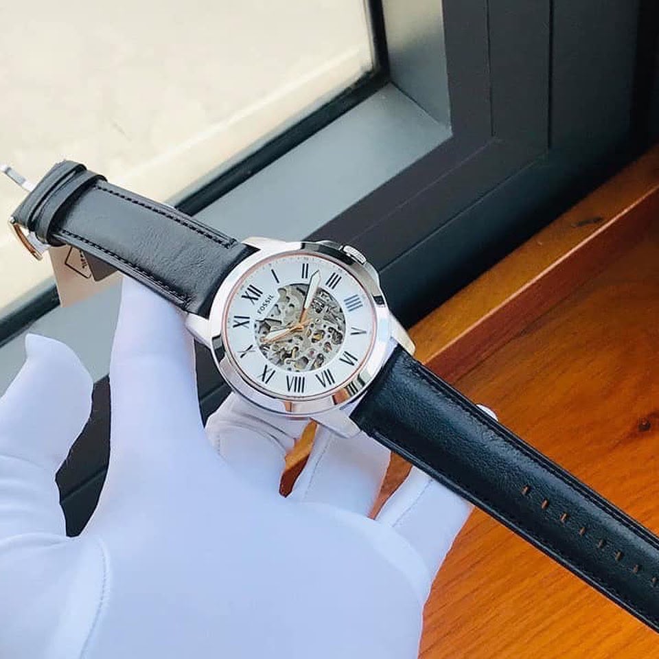 Fossil Grant Automatic Leather Black With White