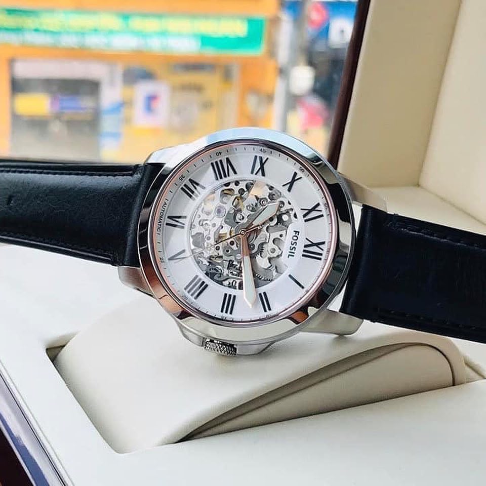 Fossil Grant Automatic Leather Black With White