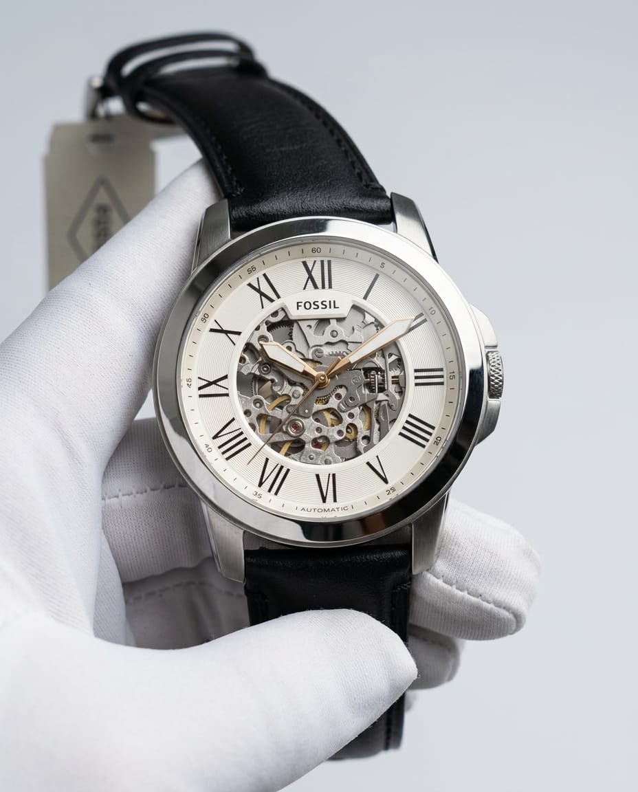 Fossil Grant Automatic Leather Black With White