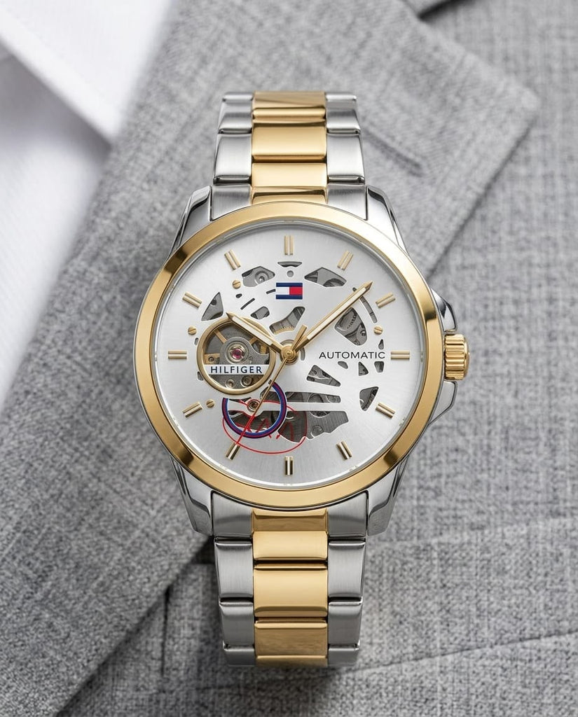 Tommy Hilfiger skeleton automatic 2 ton gold - white 📸💥
