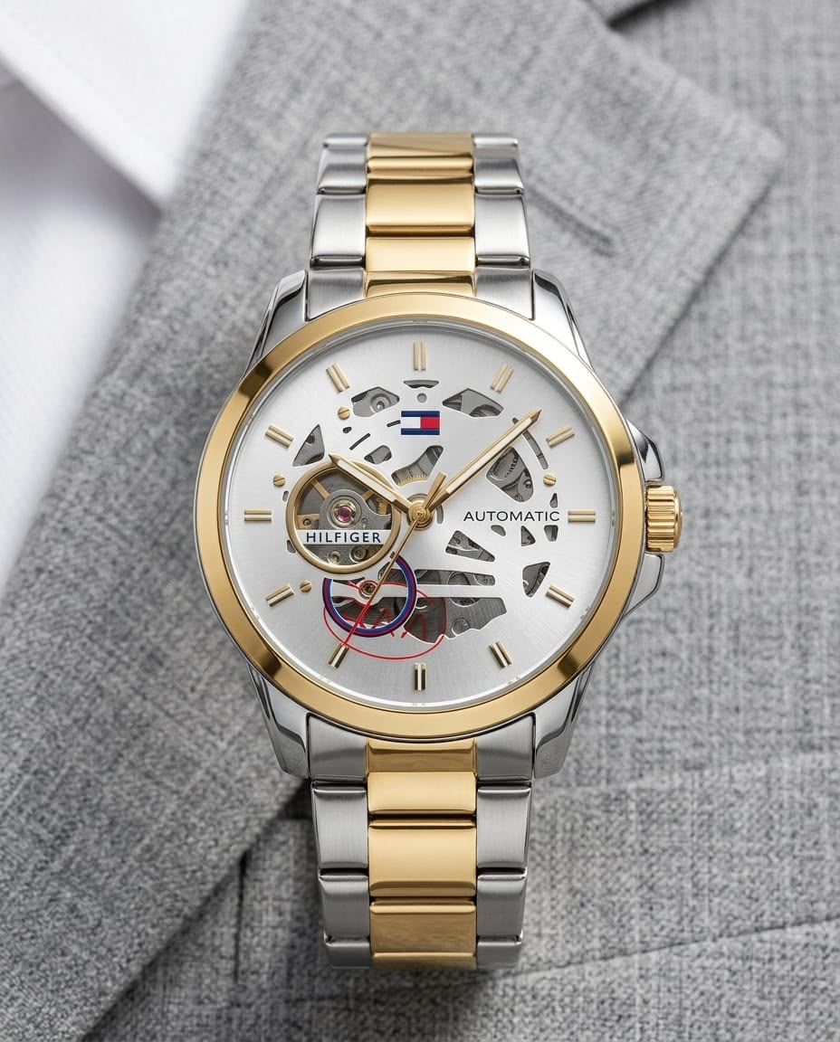 Tommy Hilfiger skeleton automatic 2 ton gold - white 📸💥