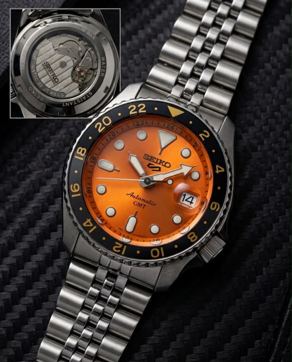 Seiko 5 Sports GMT Movement Like  Back Open Quartz Machine Orange Dail Date Working