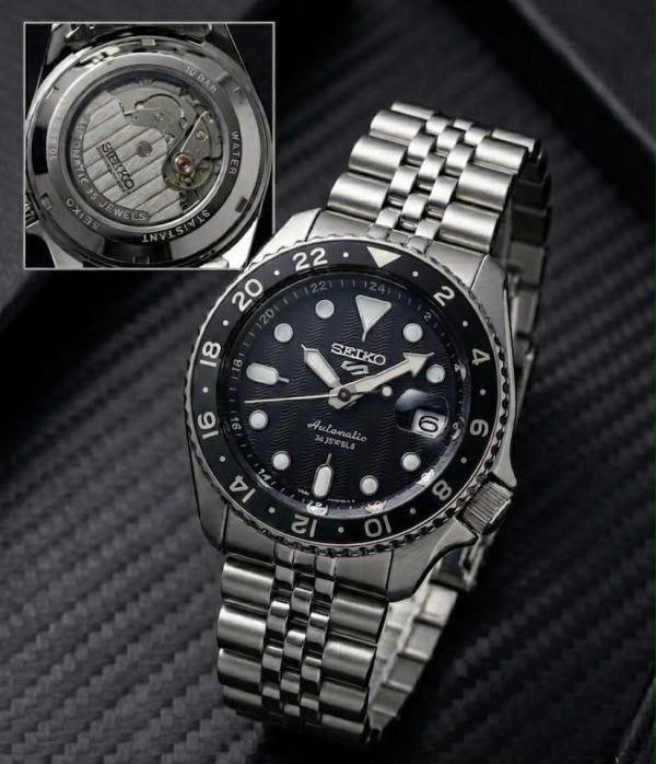 Seiko 5 Sports GMT Movement Like  Back Open Quartz Machine Black Dail Date Working
