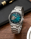 Orient Bambino Open Heart Silver Green shade