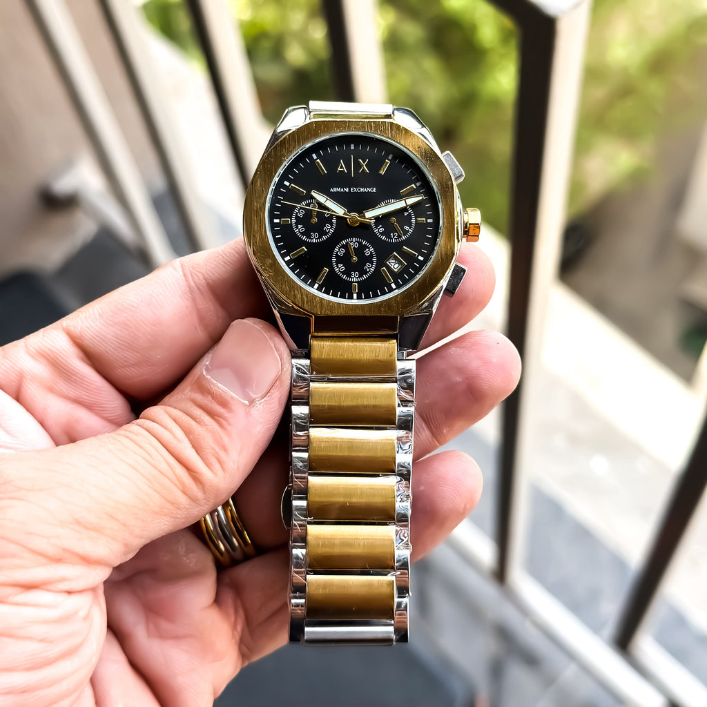 ARMANI EXCHANGE GOLD TWOTONE WITH BLACK DIAL CHRONOGRAPH WATCH