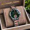 MICHAEL-KORS LADIES NEW MODEL SILVER CASE AND ROSE & DARK GREEN TT STAINLESS STEEL STRAP🥵