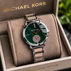 MICHAEL-KORS LADIES NEW MODEL SILVER CASE AND ROSE & DARK GREEN TT STAINLESS STEEL STRAP🥵