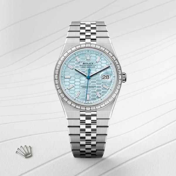 Rolex Oyster Perpetual Land Dweller Diamond Bazel Silver With Tifney Blue
