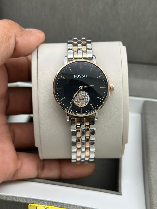 Fossil Jacqualine In Duel Tone Silver With Black Dail