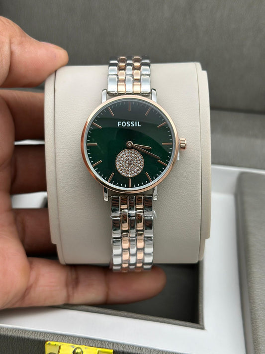 Fossil Jacqualine In Duel Tone Silver With Green Dail