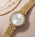 Michael Kors Darci women's gold watch with white sunray dial and crystal bezel