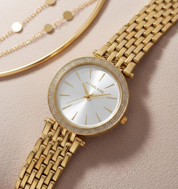 Michael Kors Darci women's gold watch with white sunray dial and crystal bezel