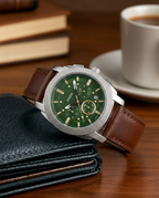 Fossil Machine men's chronograph watch with brown leather strap and green dial