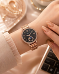 Fossil ES3121 Jacqueline women's copper rose gold watch with black dial and sun and moon phase