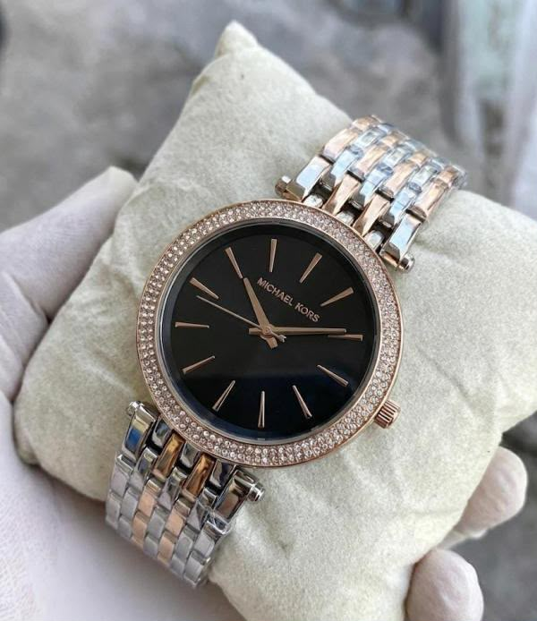 Michael Kors Darci women's two-tone silver and rose gold watch with black dial and crystal bezel