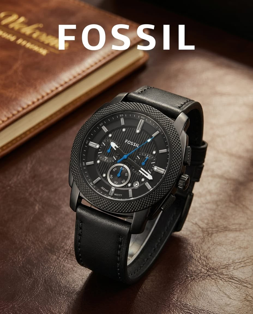 Fossil Machine men's full black chronograph watch with black leather strap and blue accents