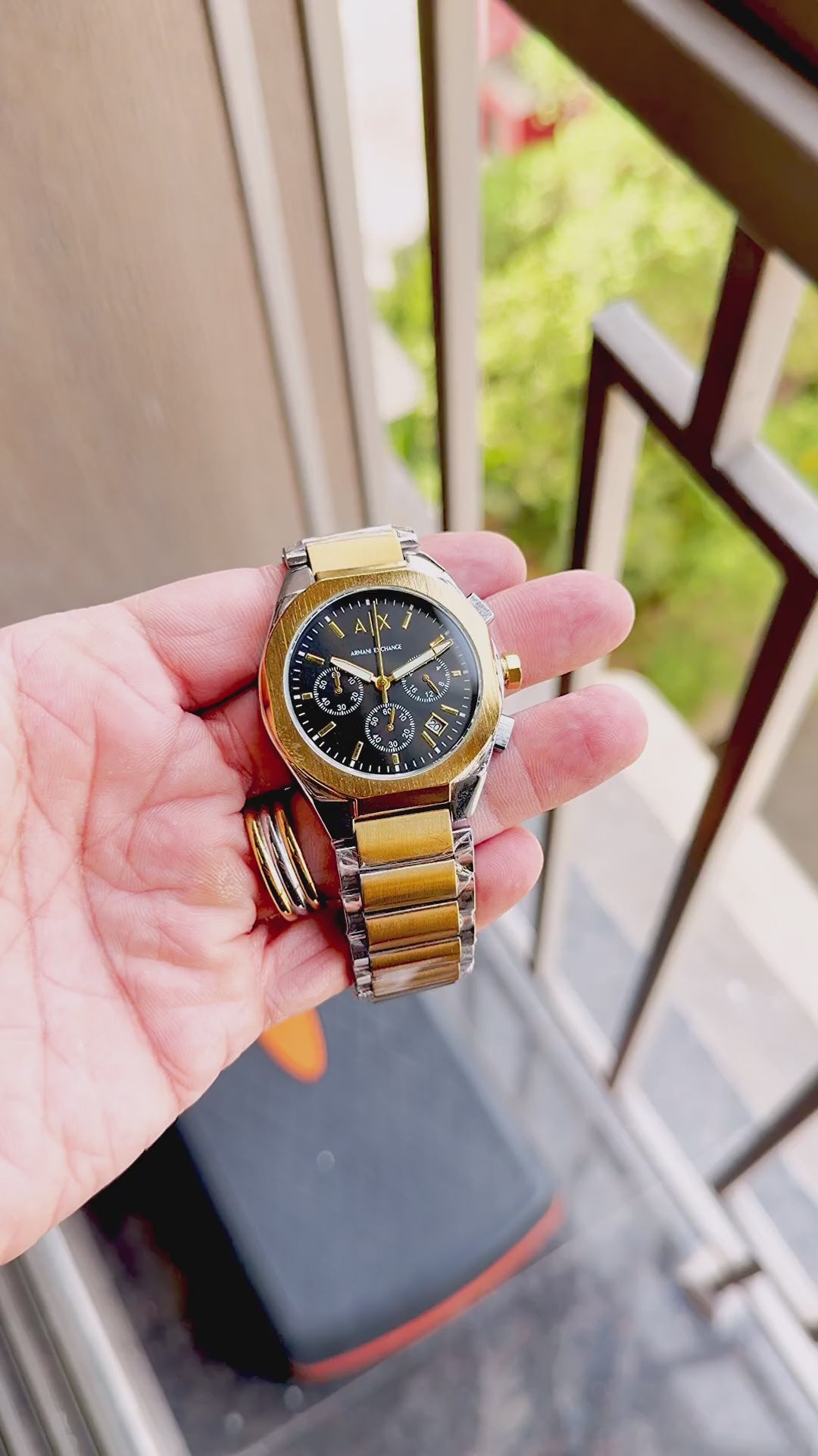 ARMANI EXCHANGE GOLD TWOTONE WITH BLACK DIAL CHRONOGRAPH WATCH