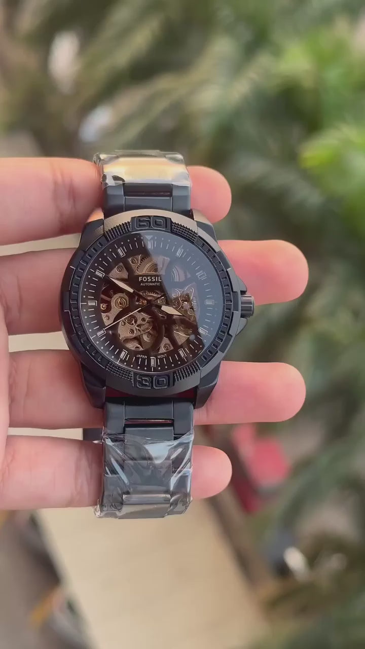 Fossil Bronson In Full Black Automatic Museum Back Open